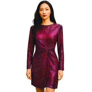 Josef midi dress long sleeve ruched waistline pink purple abstract size S